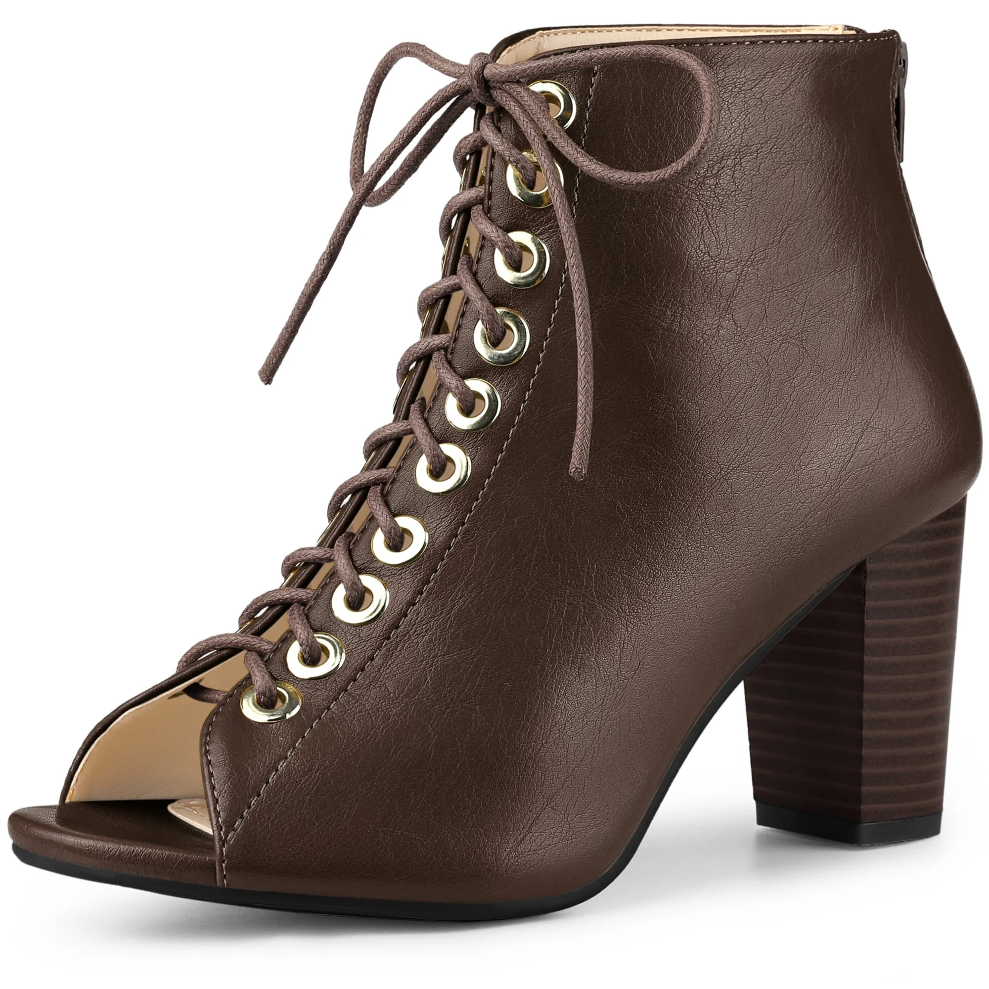 Peep Toe Lace Up Chunky Heel Ankle Booties