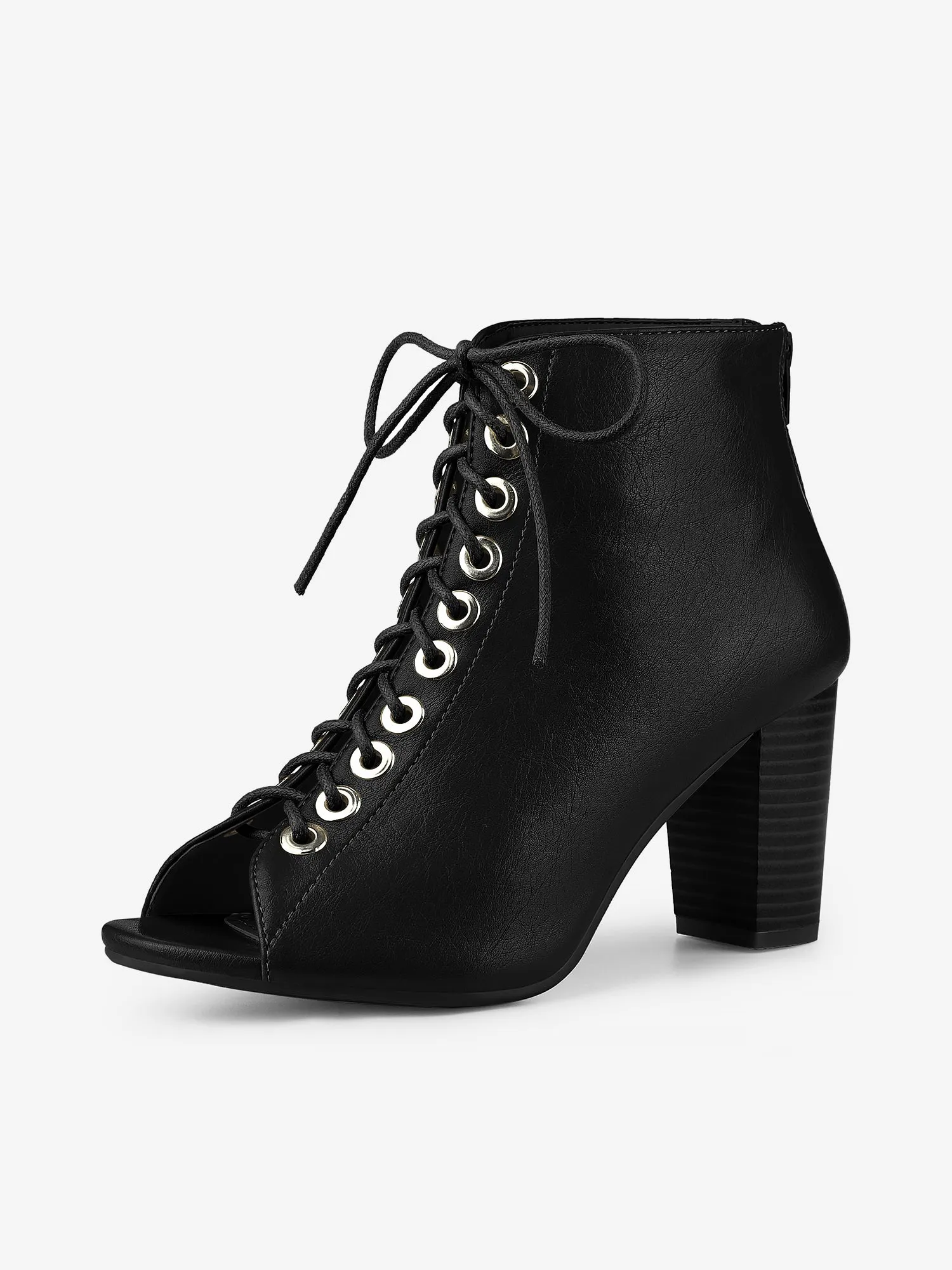 Peep Toe Lace Up Chunky Heel Ankle Booties