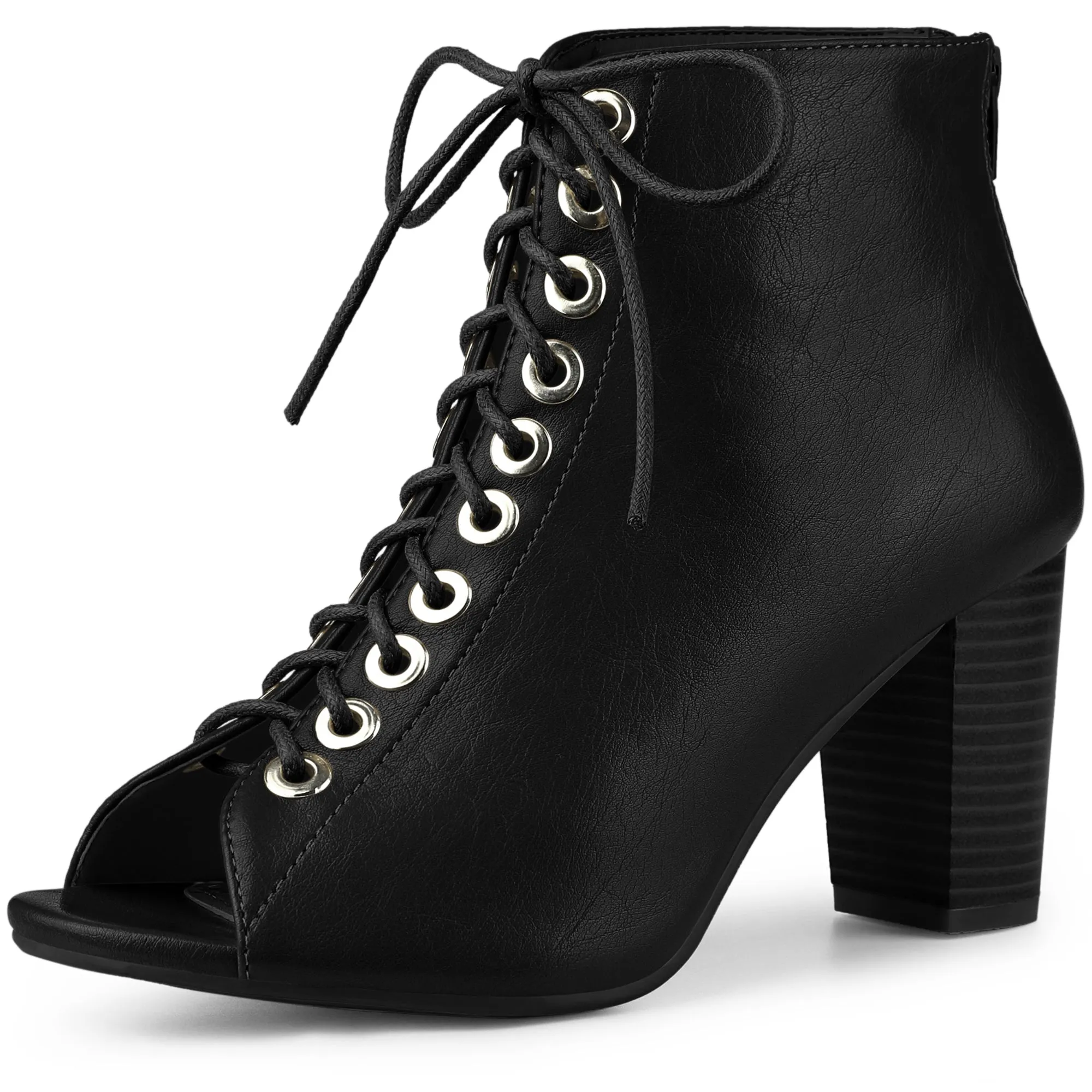 Peep Toe Lace Up Chunky Heel Ankle Booties