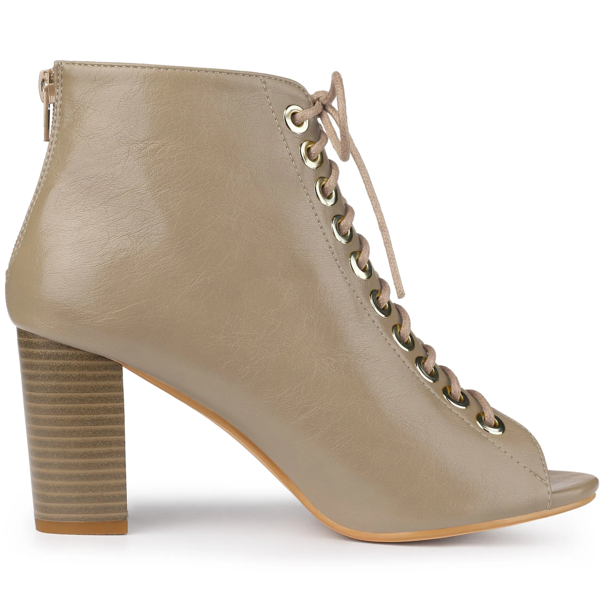 Peep Toe Lace Up Chunky Heel Ankle Booties