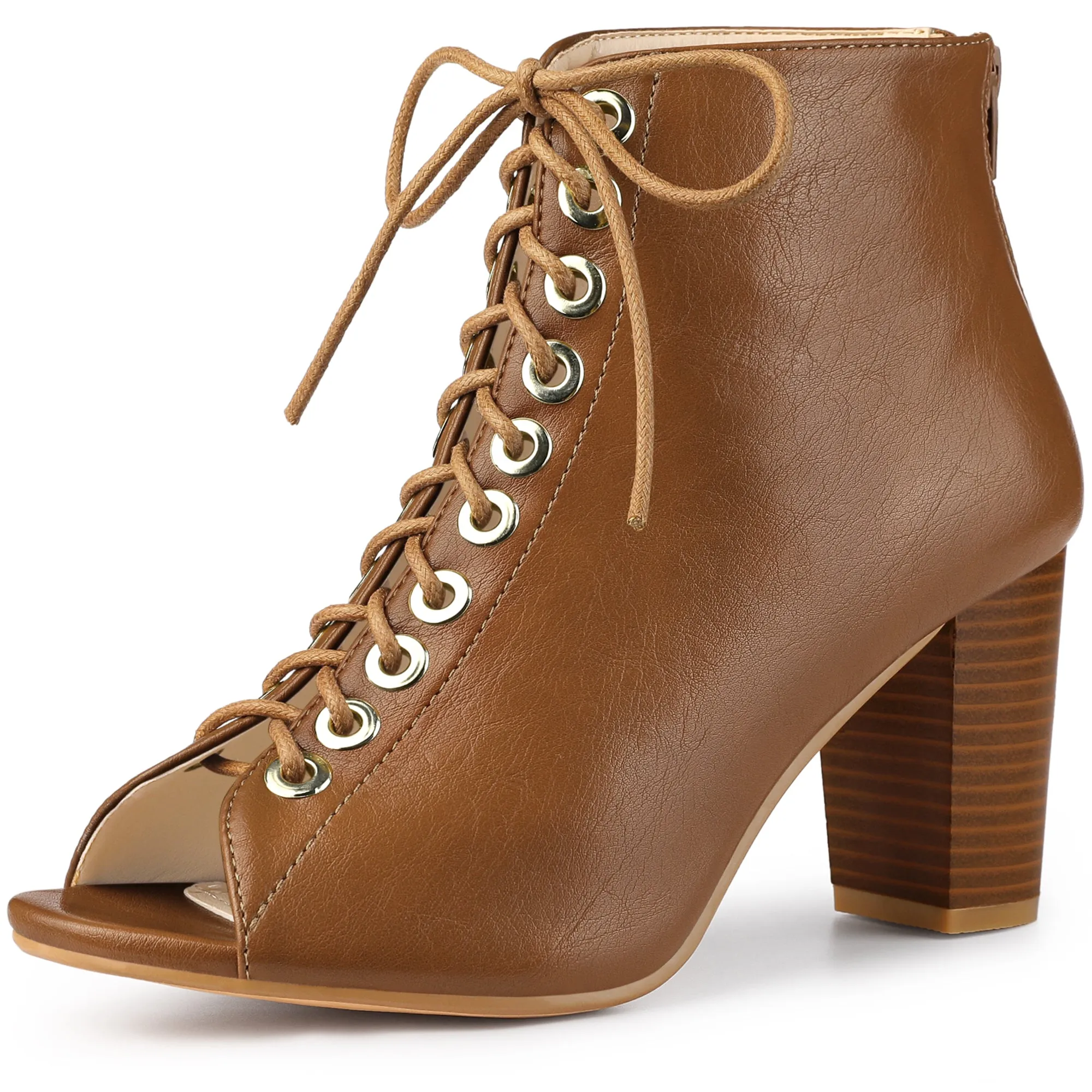 Peep Toe Lace Up Chunky Heel Ankle Booties