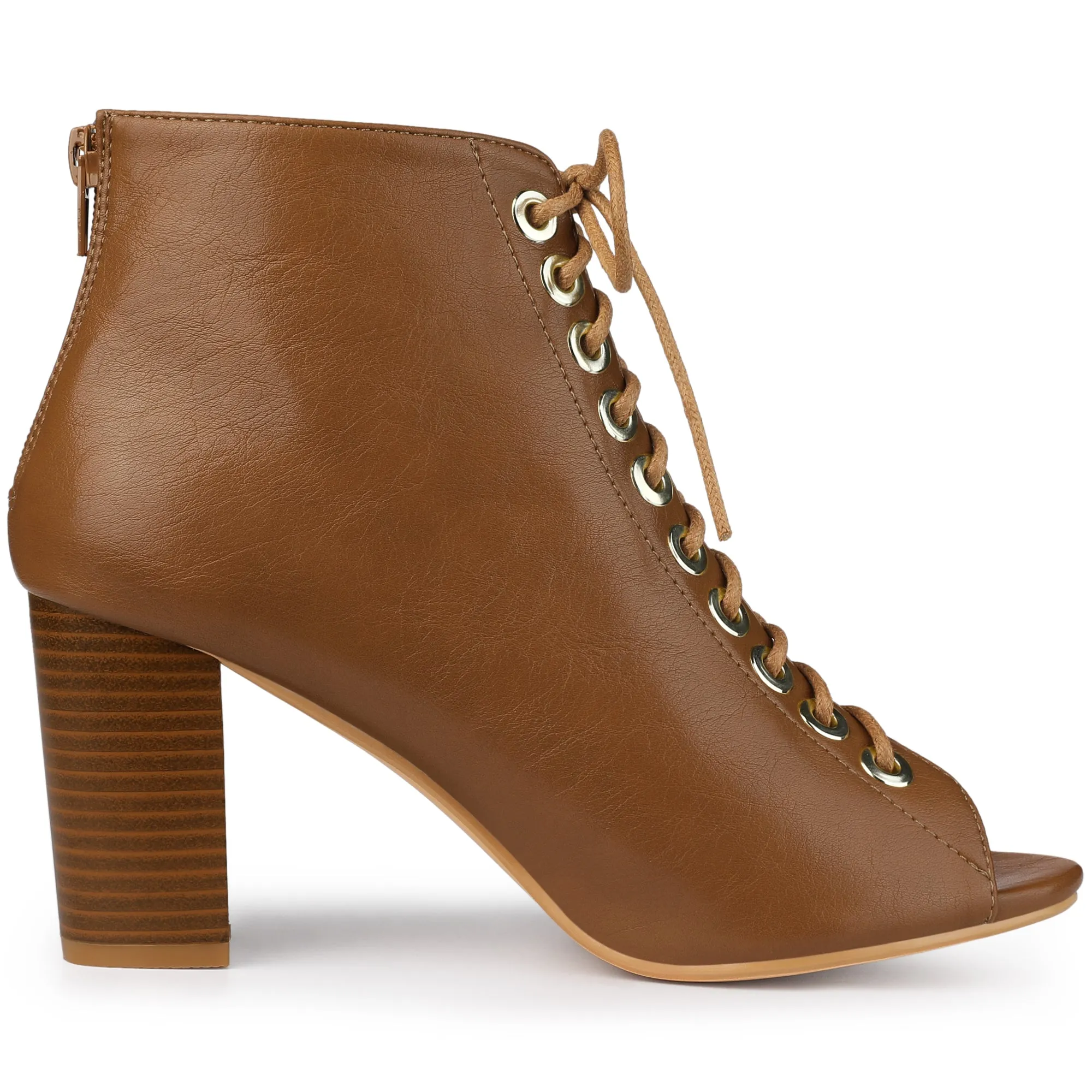 Peep Toe Lace Up Chunky Heel Ankle Booties