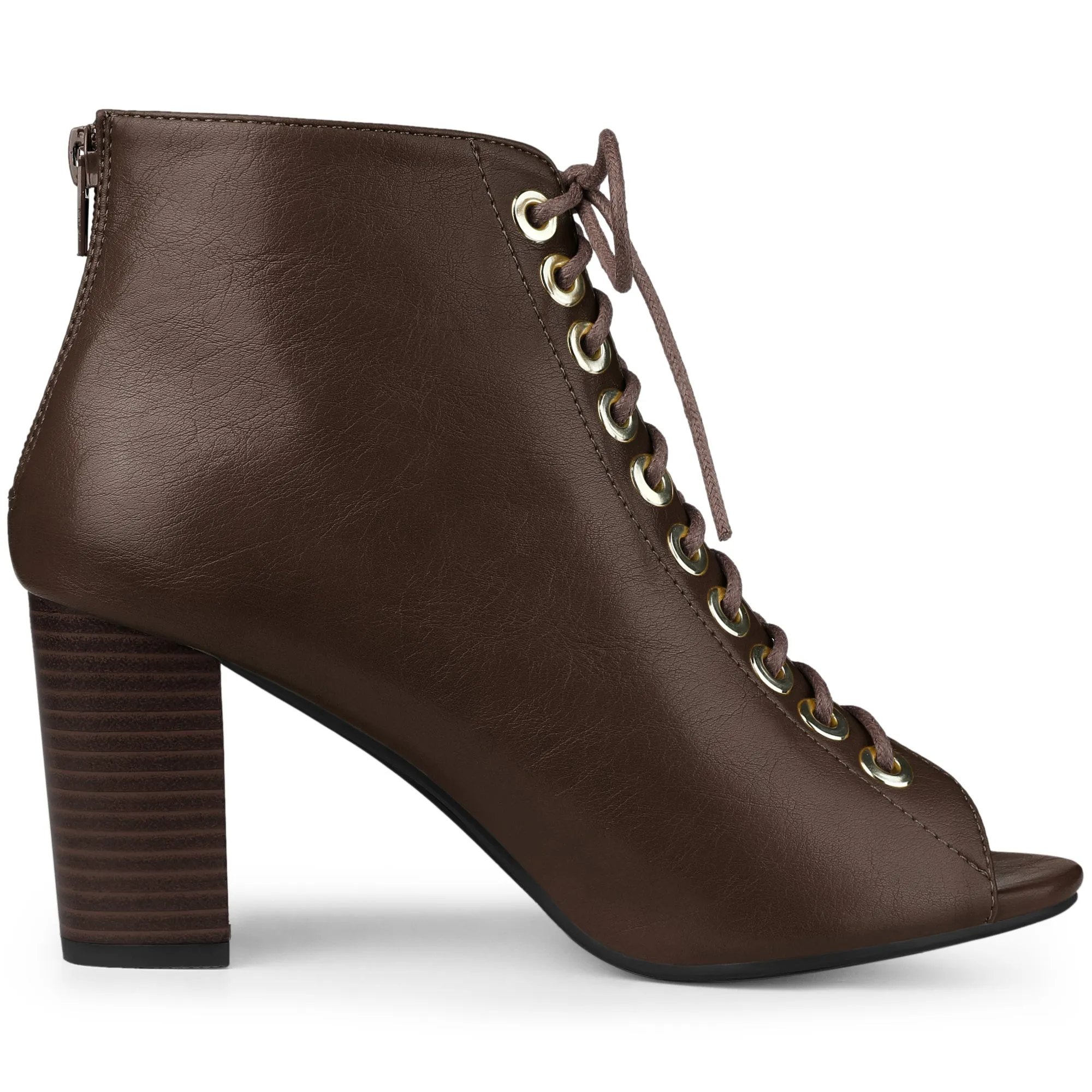 Peep Toe Lace Up Chunky Heel Ankle Booties