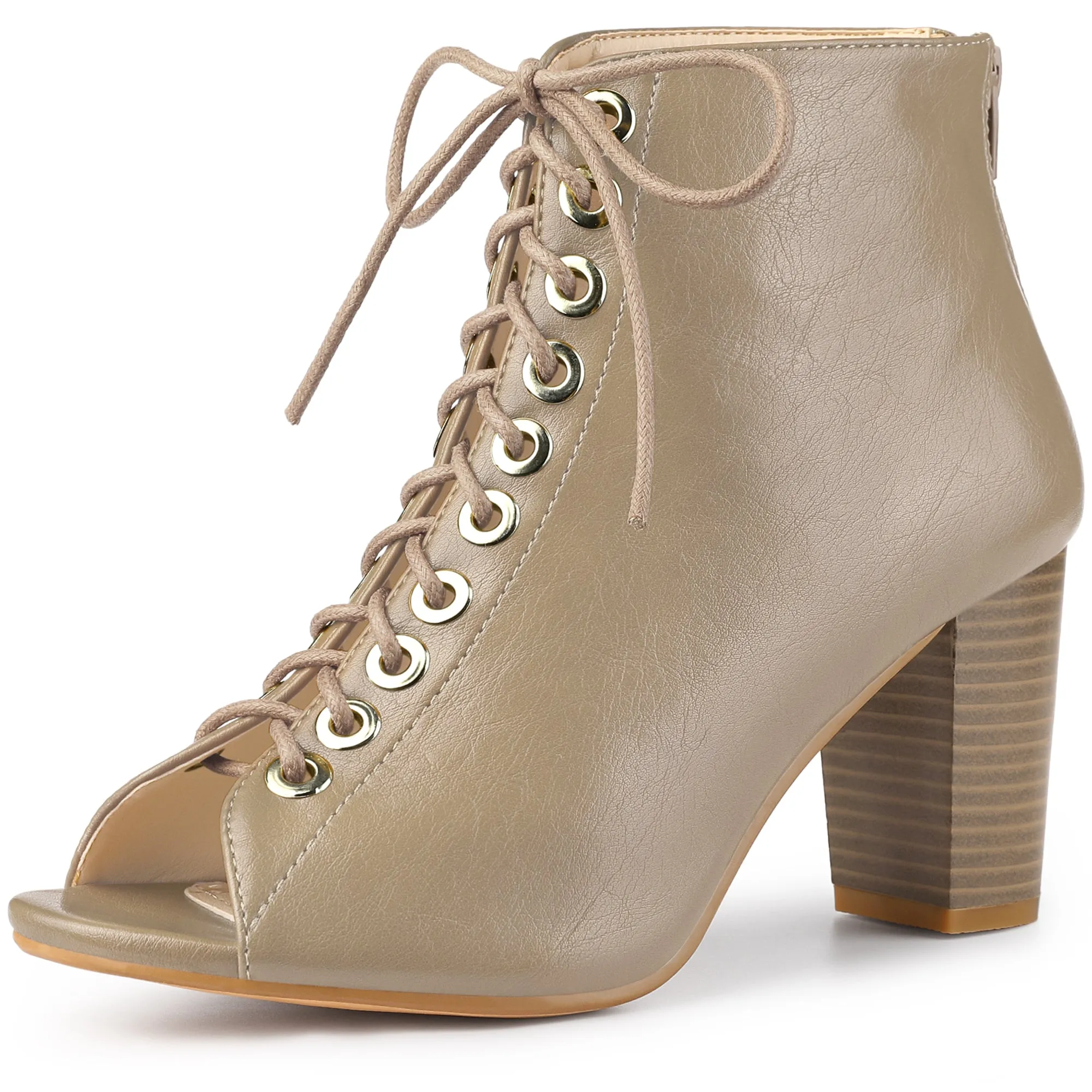 Peep Toe Lace Up Chunky Heel Ankle Booties