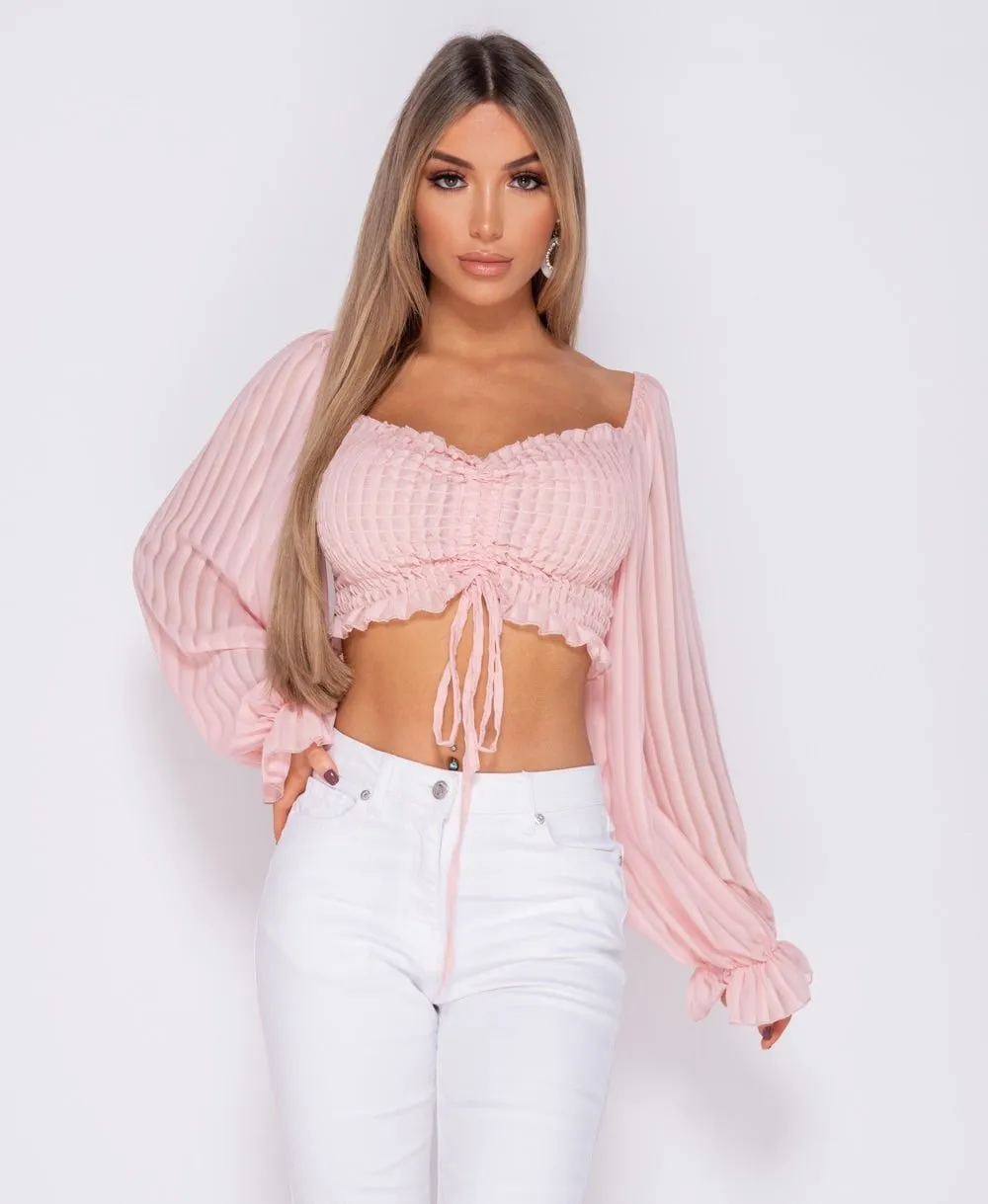 Pink Shirring Detail Tie Front Full Sleeve Crop Top