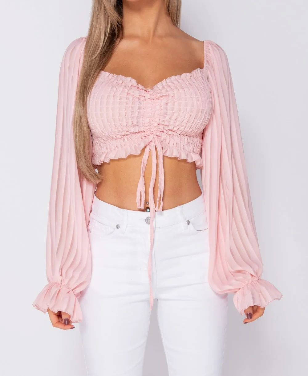 Pink Shirring Detail Tie Front Full Sleeve Crop Top