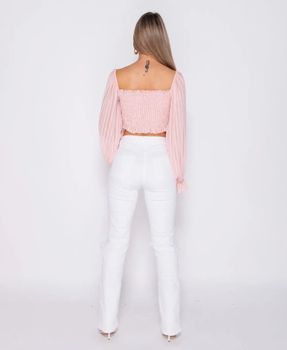 Pink Shirring Detail Tie Front Full Sleeve Crop Top