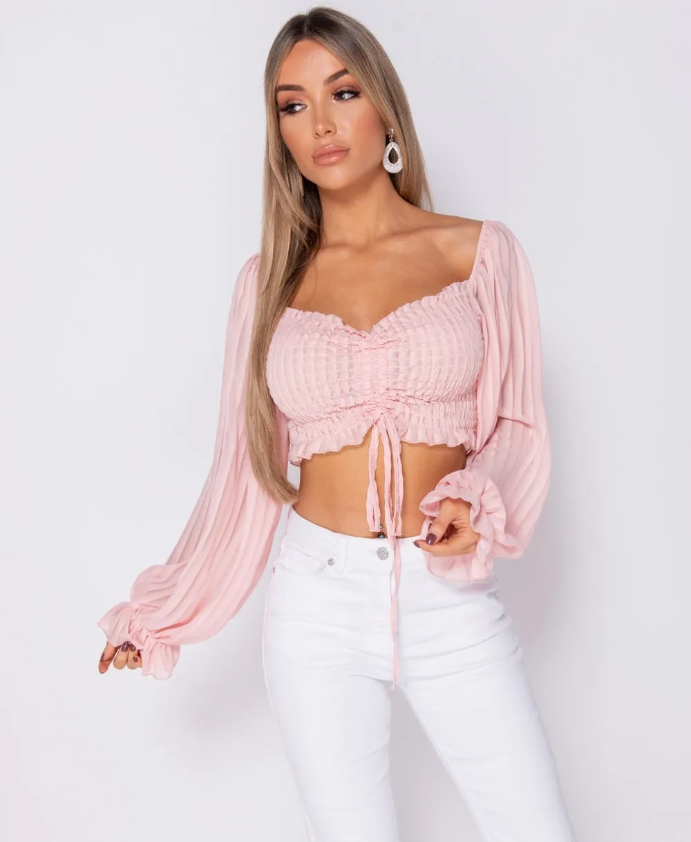 Pink Shirring Detail Tie Front Full Sleeve Crop Top