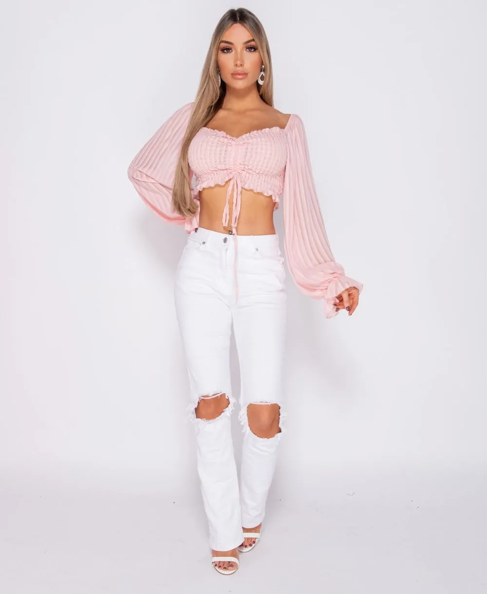 Pink Shirring Detail Tie Front Full Sleeve Crop Top