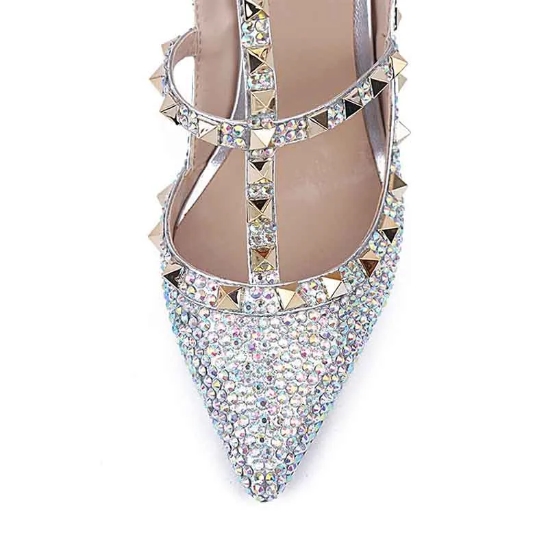 Rhinestone Rivet Banquet Closed Toe Buckle Strappy Stiletto Heels