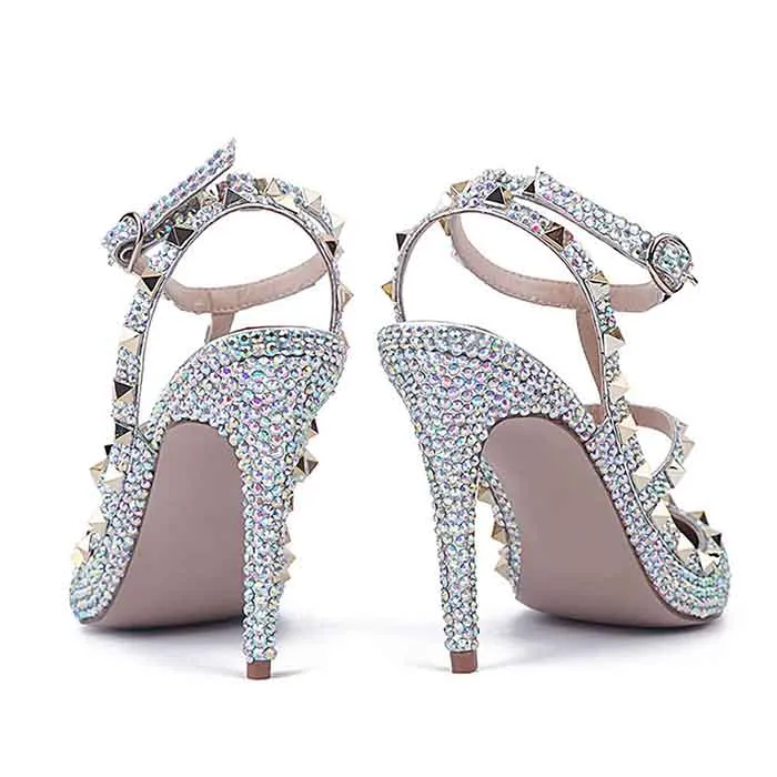 Rhinestone Rivet Banquet Closed Toe Buckle Strappy Stiletto Heels