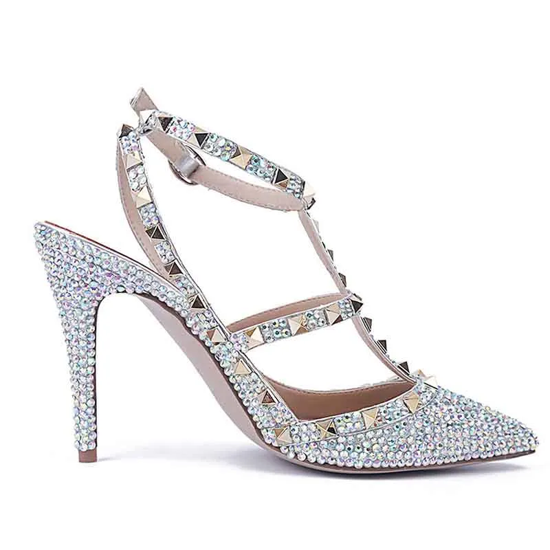 Rhinestone Rivet Banquet Closed Toe Buckle Strappy Stiletto Heels