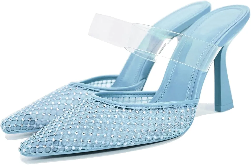 Sexy Blue Rhinestone Crystal Diamante Mesh Mule Heels