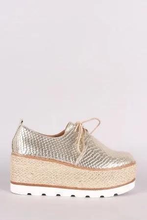 Snake Embossed Lace Up Espadrille Oxford Flatform Wedge