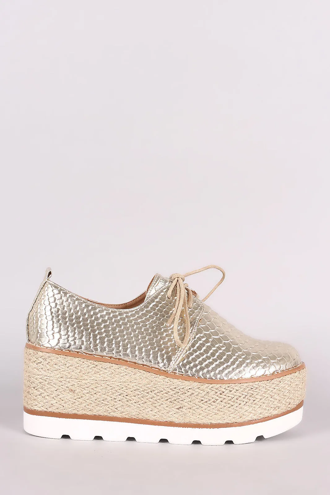 Snake Embossed Lace Up Espadrille Oxford Flatform Wedge