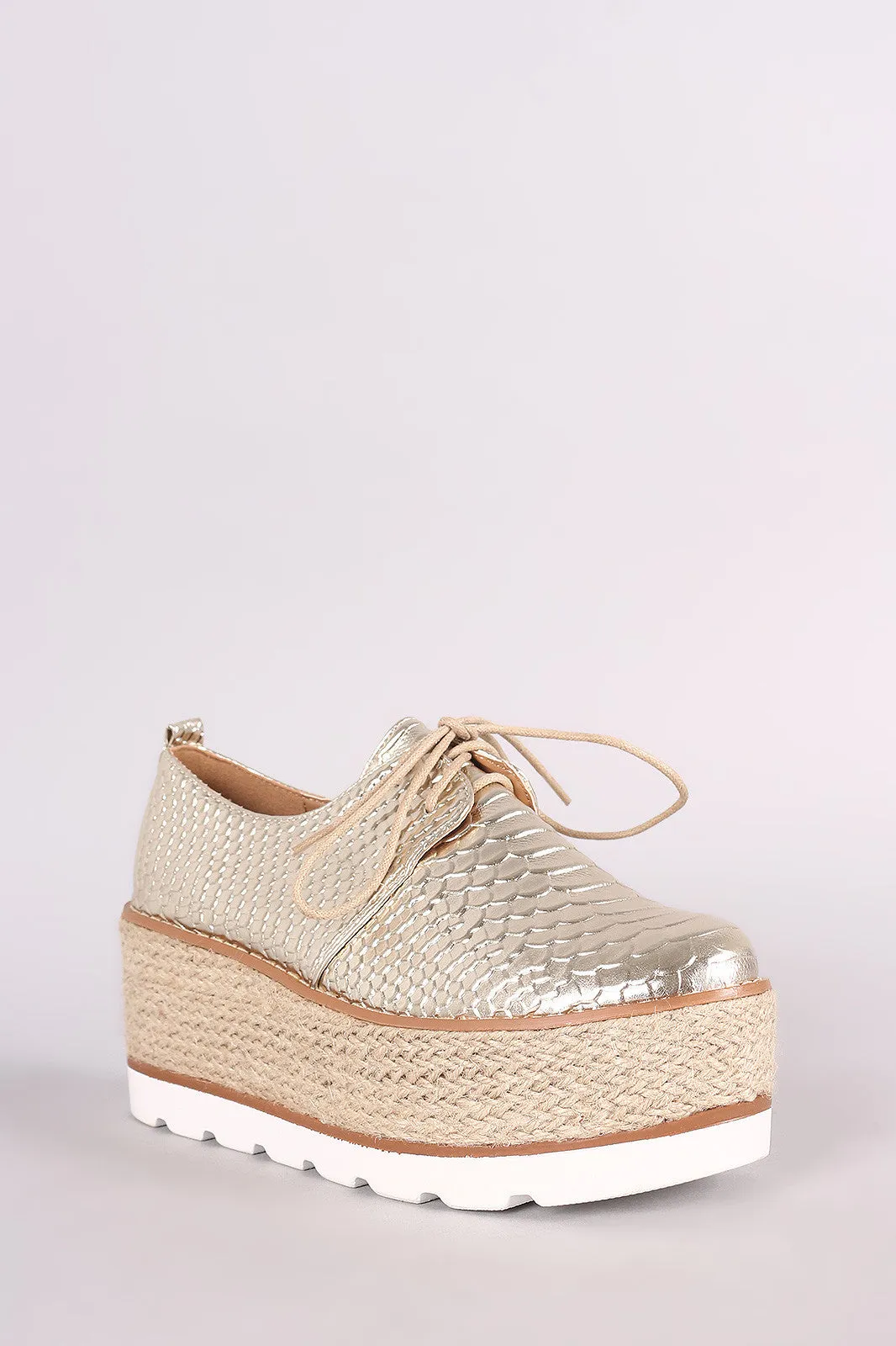 Snake Embossed Lace Up Espadrille Oxford Flatform Wedge