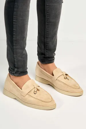 Tonya Charm Detail Slip-On Faux Suede Loafers in Beige