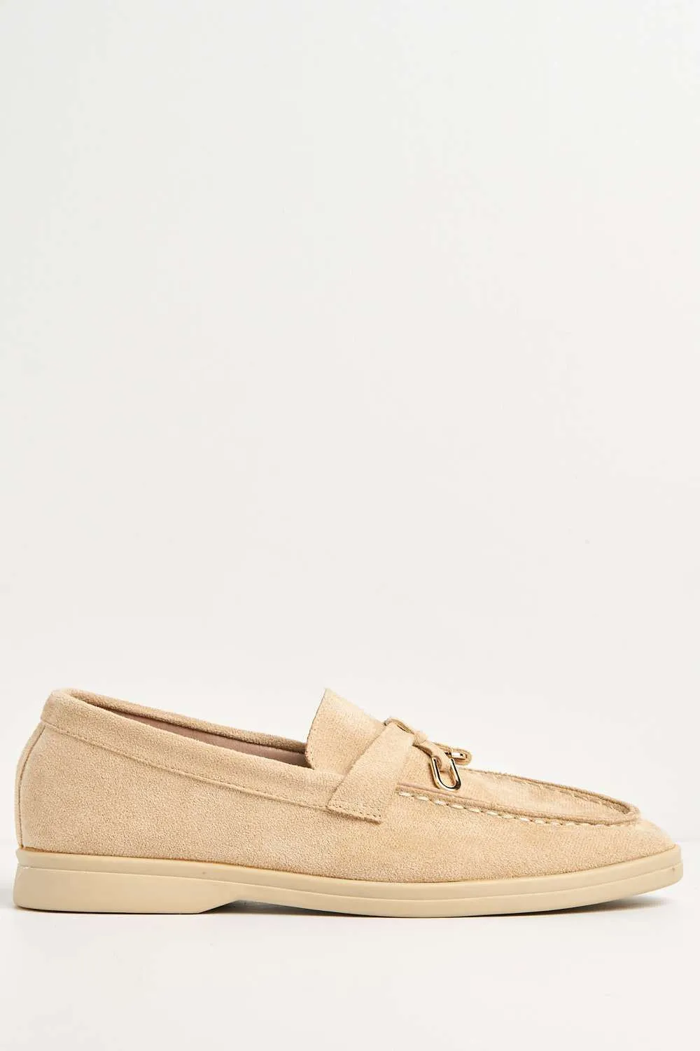 Tonya Charm Detail Slip-On Faux Suede Loafers in Beige