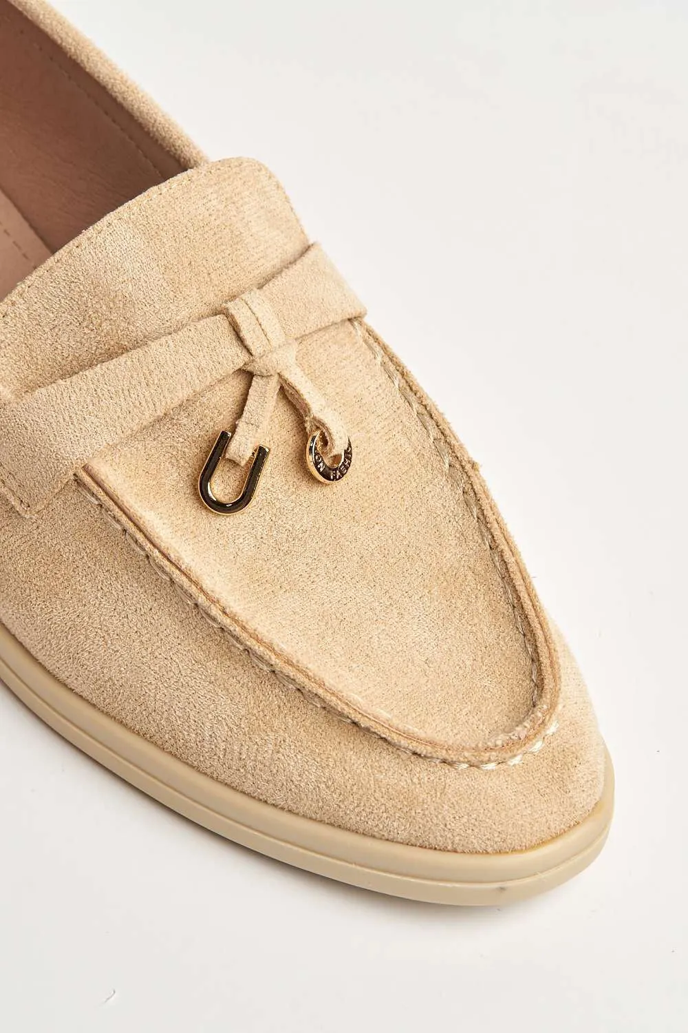 Tonya Charm Detail Slip-On Faux Suede Loafers in Beige