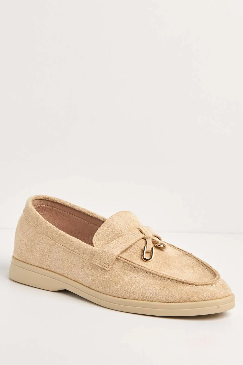 Tonya Charm Detail Slip-On Faux Suede Loafers in Beige