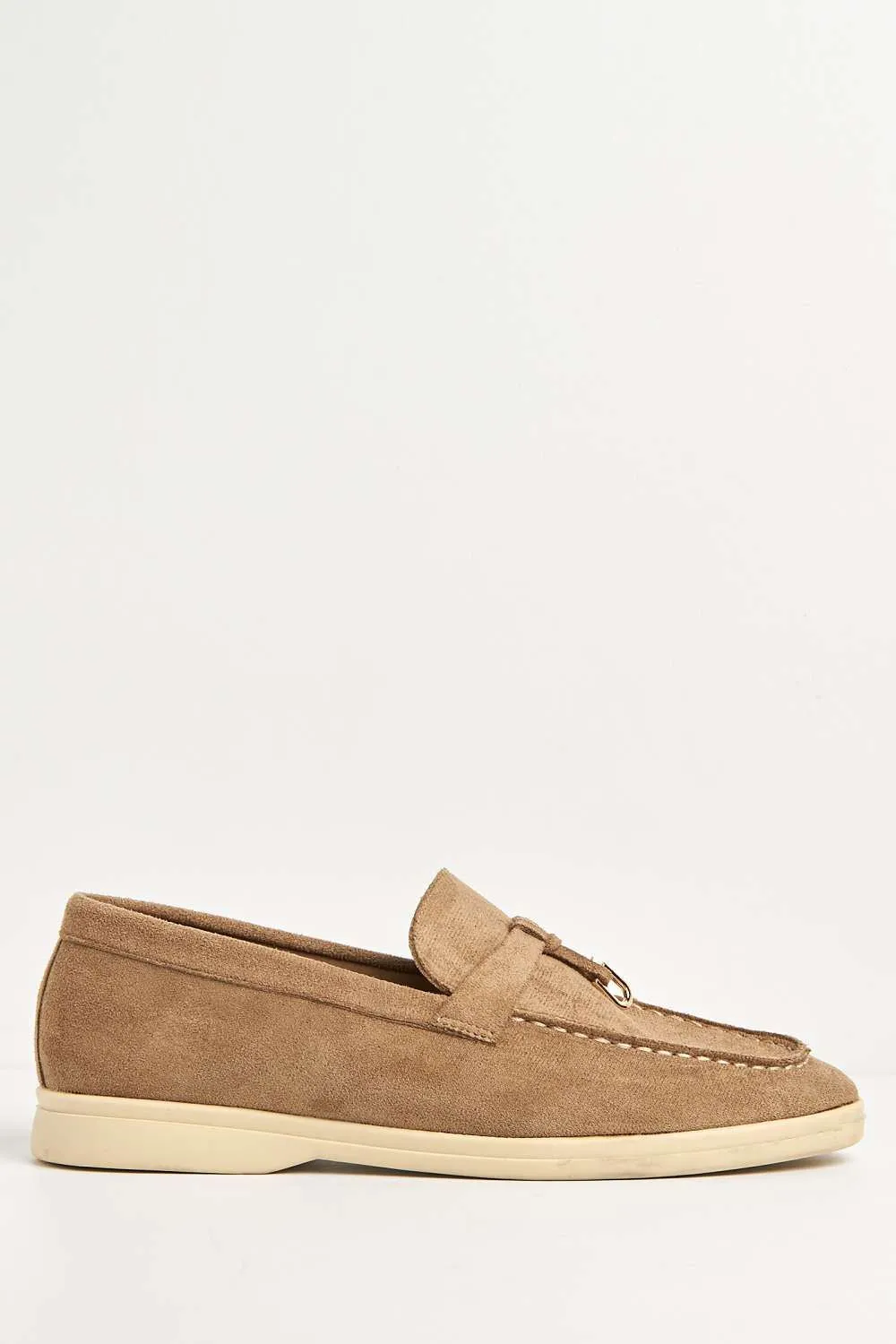 Tonya Charm Detail Slip-On Faux Suede Loafers in Taupe