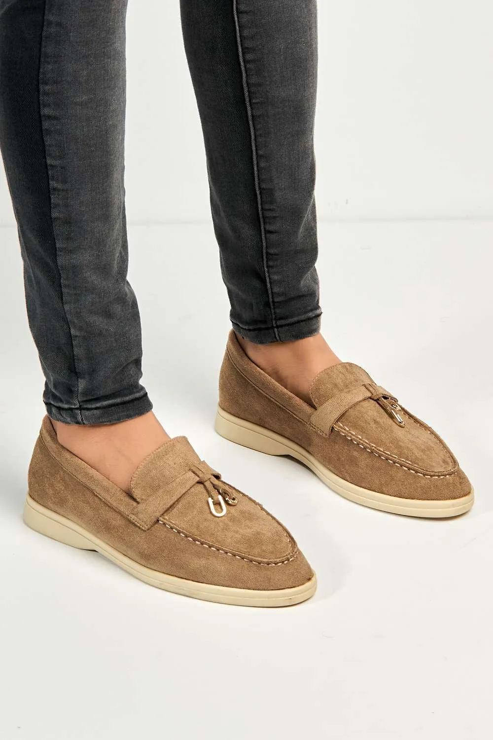 Tonya Charm Detail Slip-On Faux Suede Loafers in Taupe