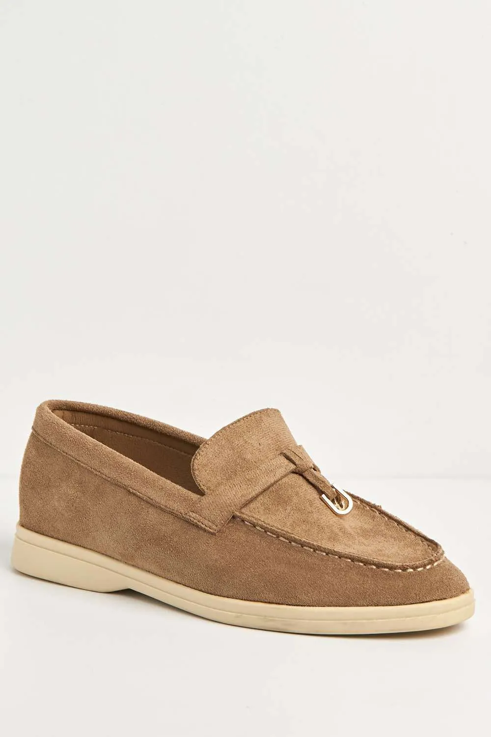 Tonya Charm Detail Slip-On Faux Suede Loafers in Taupe