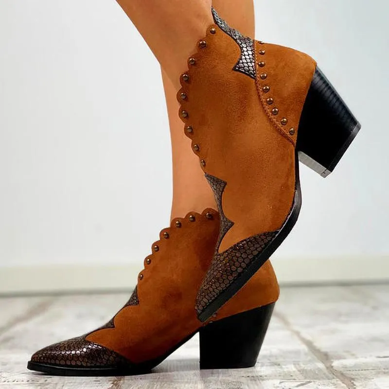 V-Cut pointed toe booties block heel ankle boots