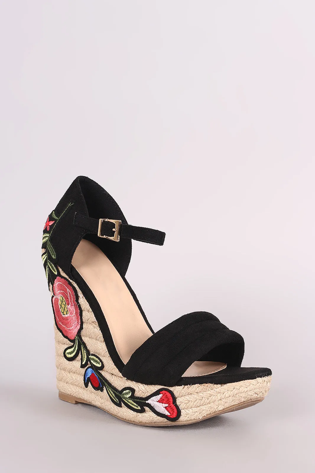 Wild Diva Lounge Embroidered Floral Suede Espadrille Platform Wedge