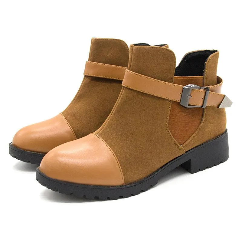 Women color block buckle strap chunky heel ankle boots