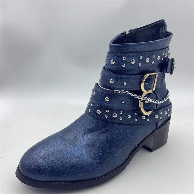 Women studded ankle strap retro short chunky heel boots