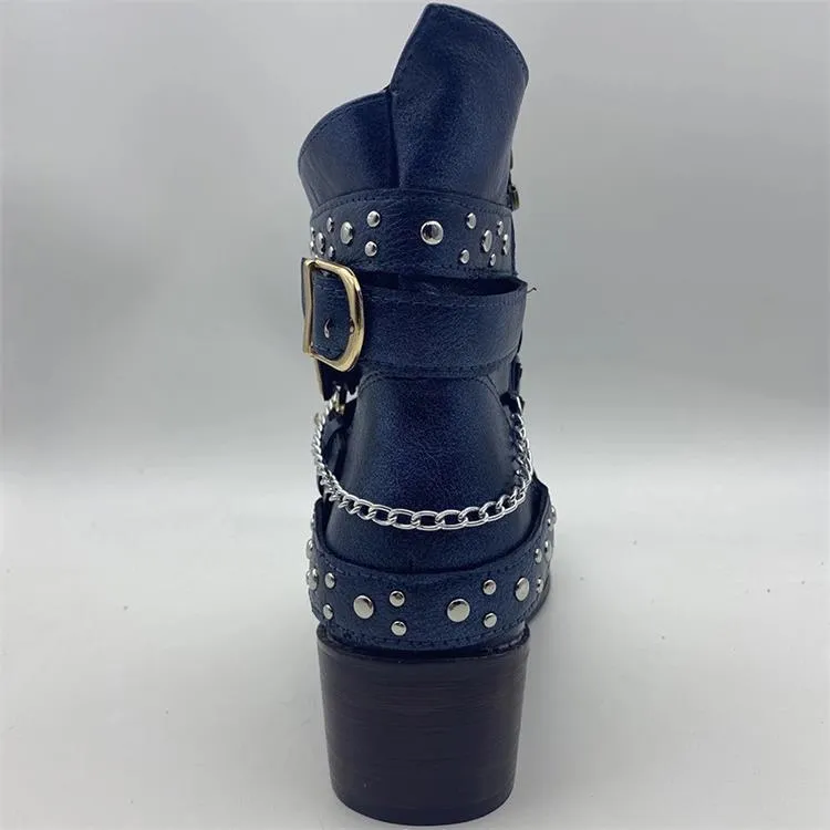 Women studded ankle strap retro short chunky heel boots