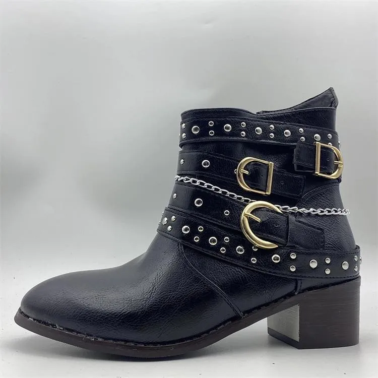 Women studded ankle strap retro short chunky heel boots