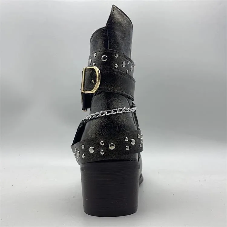 Women studded ankle strap retro short chunky heel boots