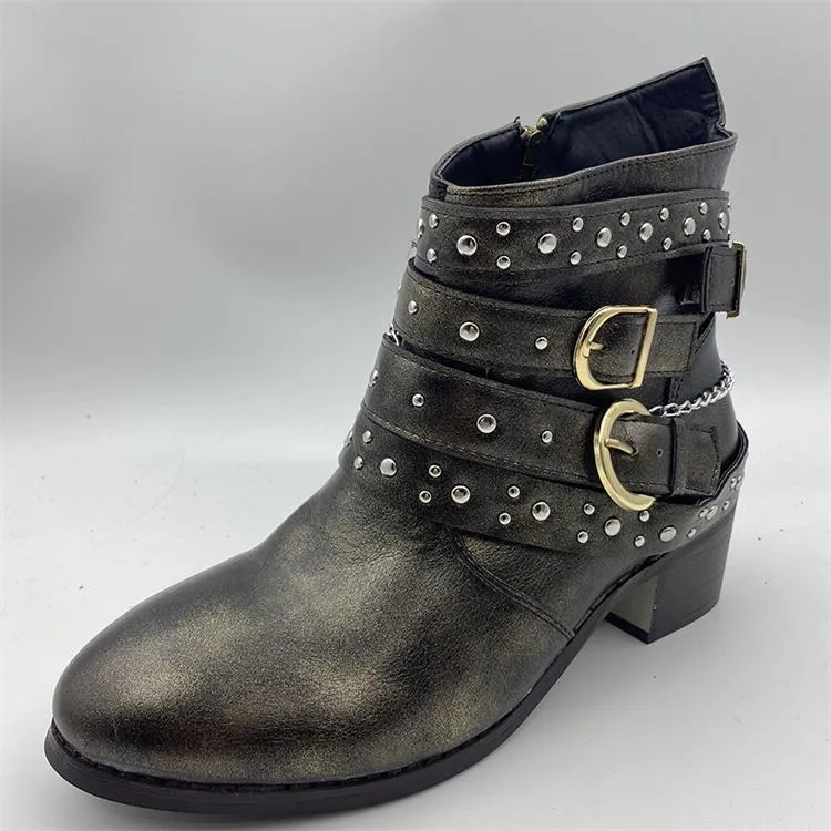 Women studded ankle strap retro short chunky heel boots