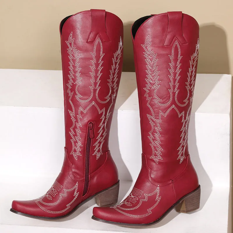 Women vintage embroidered chunky heel side zipper fall boots