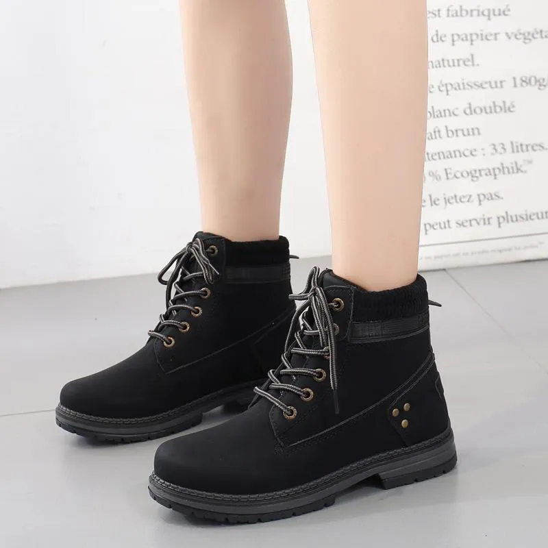 Women winter fall short chunky platform lace up boots