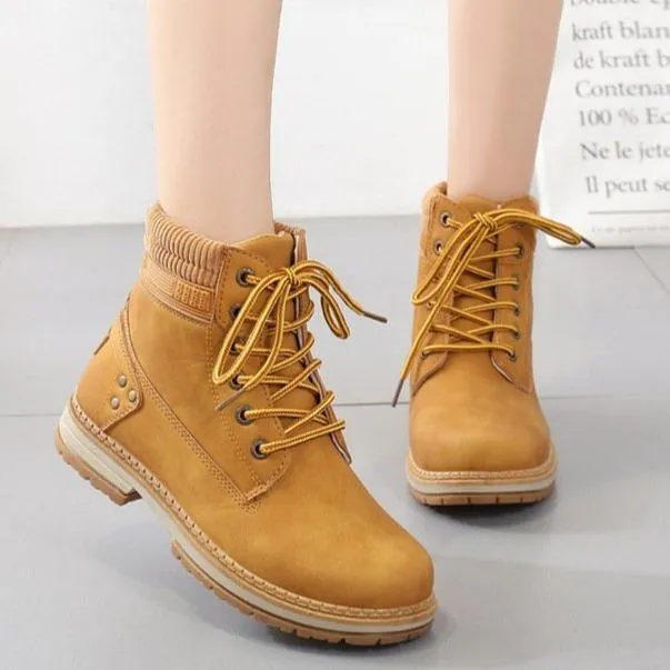 Women winter fall short chunky platform lace up boots