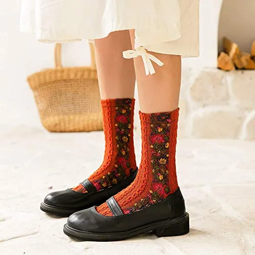 Women's 5 Pairs Vintage Ethnic Floral Knit Socks Stripe Flower Cotton Crew Socks