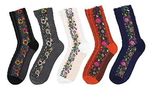 Women's 5 Pairs Vintage Ethnic Floral Knit Socks Stripe Flower Cotton Crew Socks