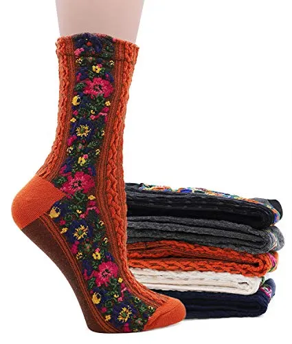 Women's 5 Pairs Vintage Ethnic Floral Knit Socks Stripe Flower Cotton Crew Socks