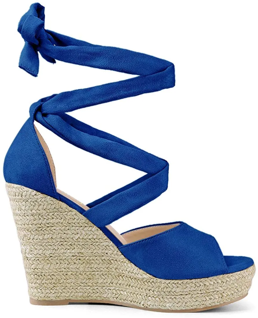 Women's Blue Lace Up Espadrilles Wedge Sandals