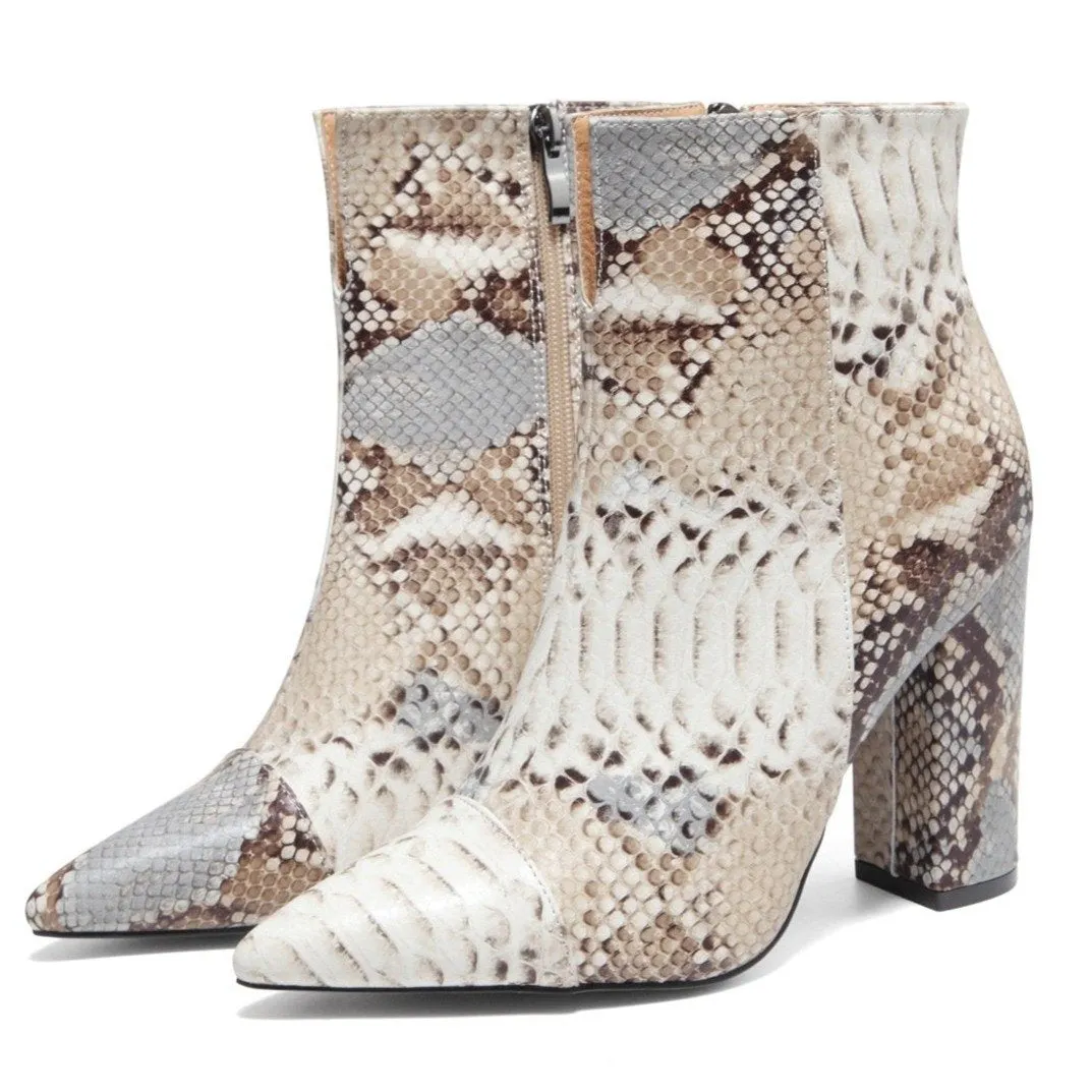 Women's fashion snakeskin pattern ankle boots pointed toe zipper booties